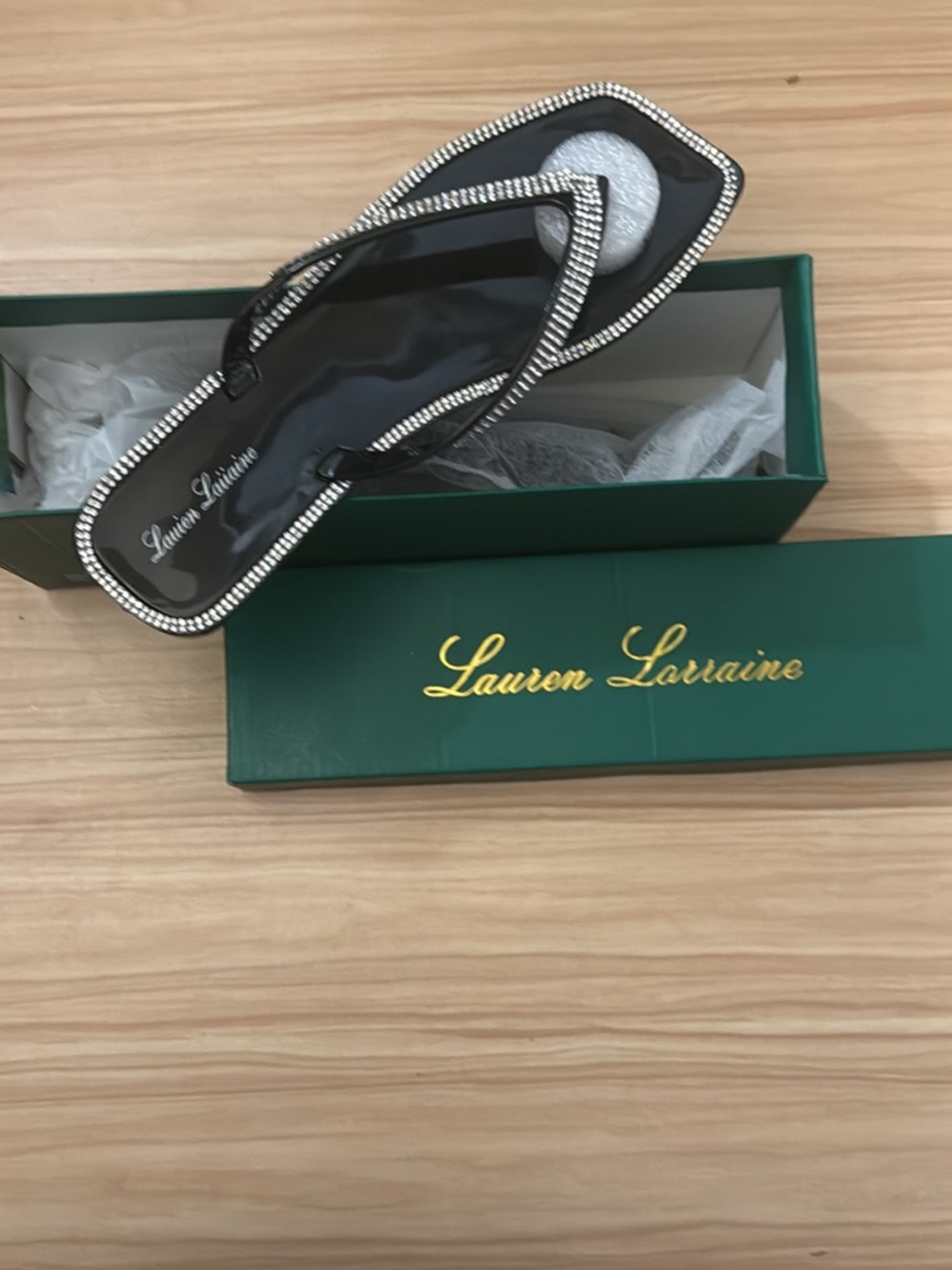 Lauren Lorraine Black Patent Rhinestone Trim Flip Flop Sandals